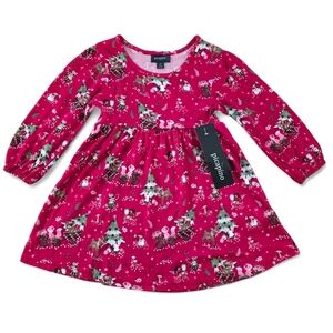 Picapino Girls Christmas Dress Pink Long Sleeve Holiday Print Size 2T NWT